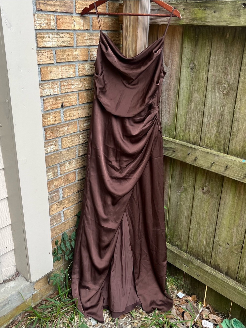 Birdy Grey Chocolate Brown Satin Wedding Guest Dress Side Slit